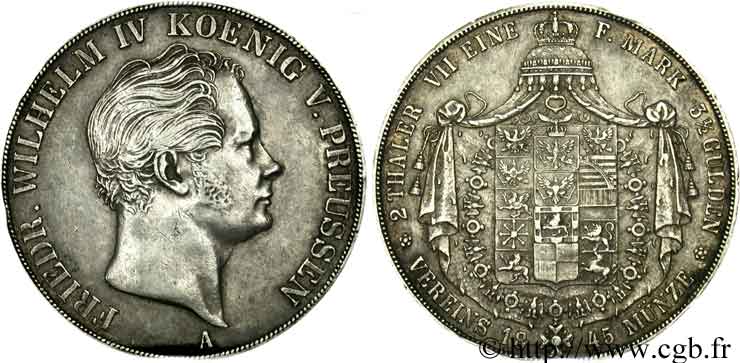 GERMANY 2 Thaler (3 1/2 gulden) Frédéric-Guillaume IV / écu armorié couronné 1845 Berlin XF 