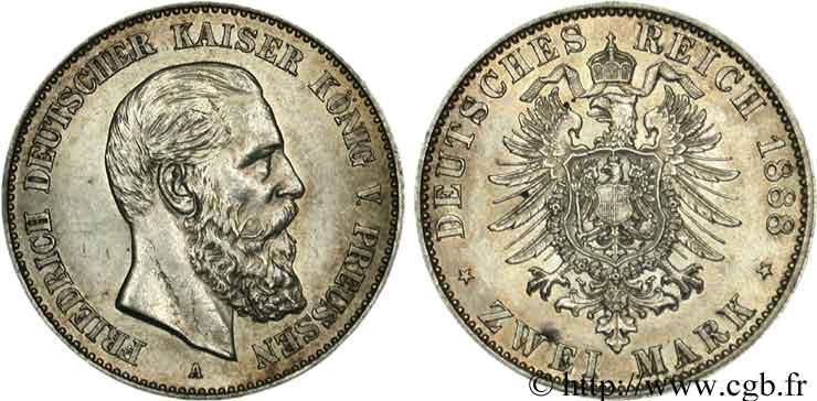 ALEMANIA 2 Mark Frédéric III / aigle 1888 Berlin EBC 