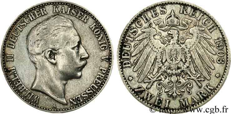 GERMANIA - PRUSSIA 2 Mark Royaume de Prusse : Guillaume II / aigle 1903 Berlin MB 