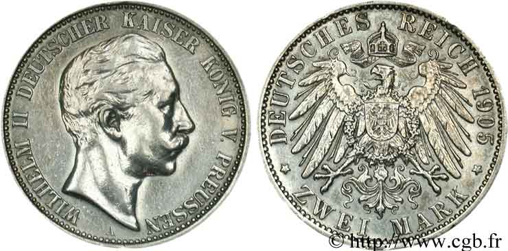GERMANIA - PRUSSIA 2 Mark Guillaume II / aigle 1905 Berlin BB 
