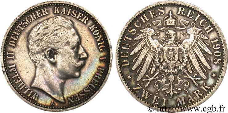 ALEMANIA - PRUSIA 2 Mark Guillaume II / aigle 1908 Berlin BC 