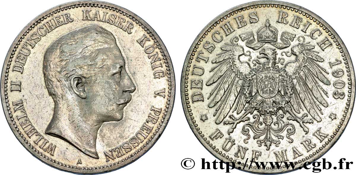 GERMANY - PRUSSIA 5 Mark Guillaume II / aigle 1903 Berlin VF 