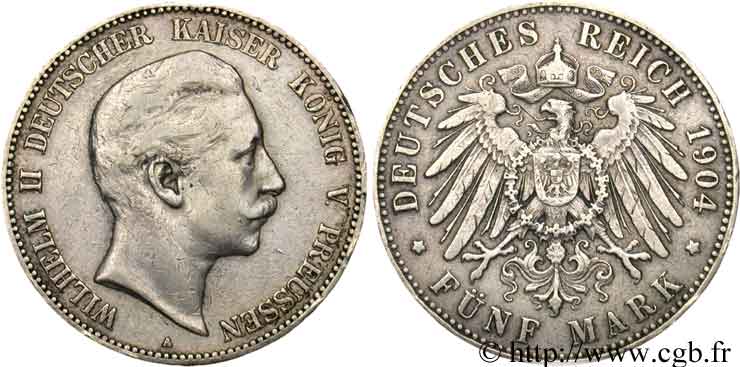 GERMANIA - PRUSSIA 5 Mark Guillaume II / aigle 1904 Berlin MB 