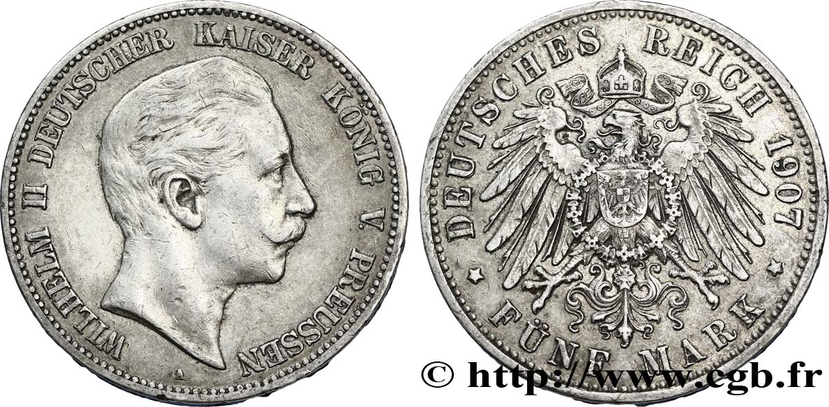 GERMANY - PRUSSIA 5 Mark Guillaume II / aigle 1907 Berlin VF 