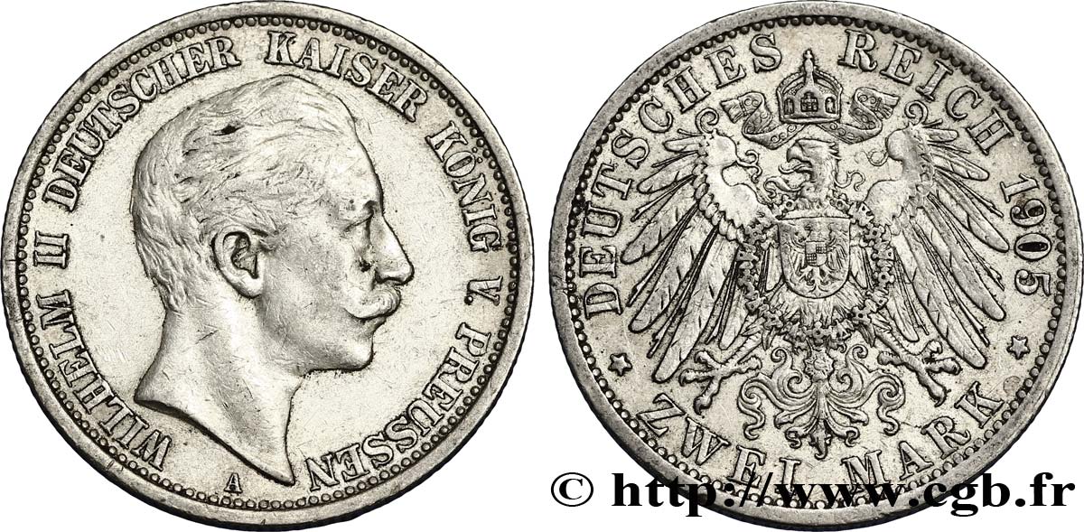 ALEMANIA - PRUSIA 2 Mark Guillaume II / aigle 1905 Berlin BC 