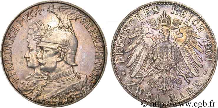 ALEMANIA - PRUSIA 2 Mark Guillaume II 200e anniversaire de la Prusse / aigle 1901 Berlin MBC 