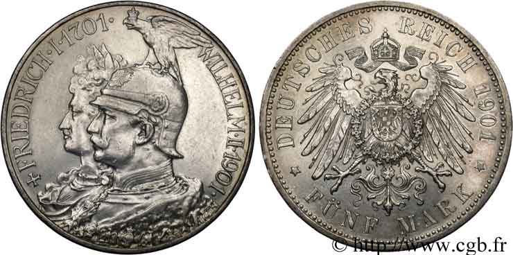 ALLEMAGNE - PRUSSE 5 Mark Guillaume II 200e anniversaire de la Prusse 1901 Berlin SUP+ 
