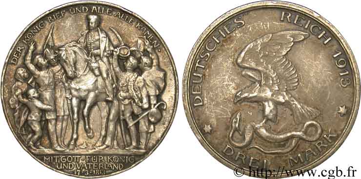 ALLEMAGNE 3 Mark 100e anniversaire défaite de Napoléon 1913 Berlin TTB 