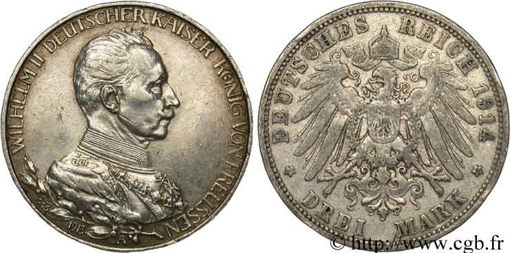 GERMANIA - PRUSSIA 3 Mark 25e anniversaire de règne de Guillaume II 1913 Berlin BB 