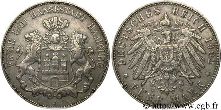 GERMANIA - LIBERA CITTA DE AMBURGO 5 Mark blason de Hambourg / aigle 1902 Hambourg - J BB 
