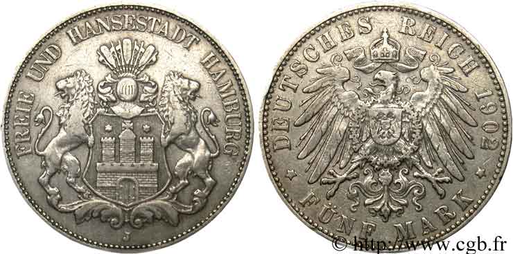 DEUTSCHLAND - HAMBURG FREIE STADT 5 Mark blason de Hambourg / aigle 1902 Hambourg - J SS 