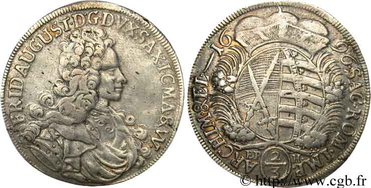 ALEMANIA - SAJONIA 2/3 Thaler Frédéric-August I / blason 1696 Leipzig - EPH BC+ 