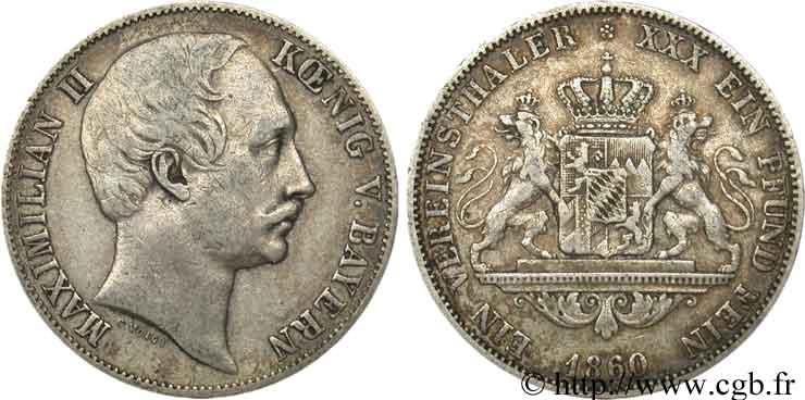 GERMANIA - BAVIERIA 1 Thaler Maximilien II / blason encadré par deux lions 1860  Munich MB 