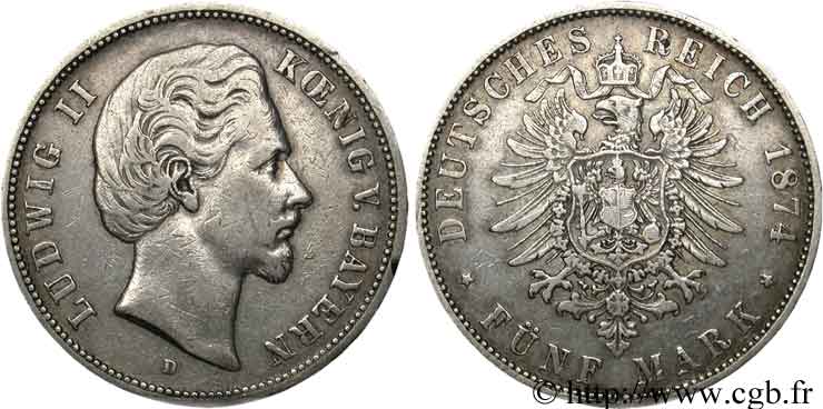 GERMANY - BAVARIA 5 Mark Louis II / aigle 1874 Munich - D VF 