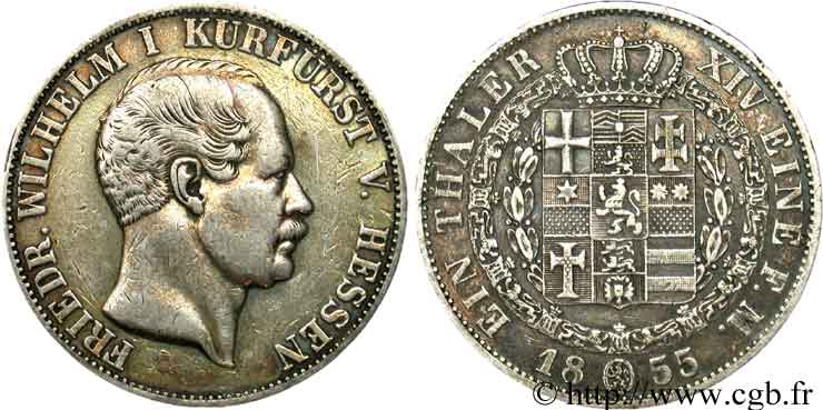 GERMANIA - ASSIA 1 Thaler Frédéric-Guillaume I de Hesse / blason 1855 Darmstadt MB 
