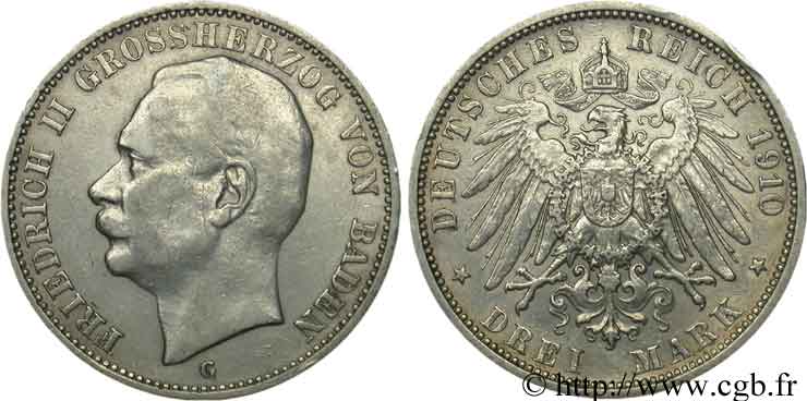 GERMANIA - BADEN 3 Mark Frédéric II / aigle 1910 Karlsruhe - G MB 