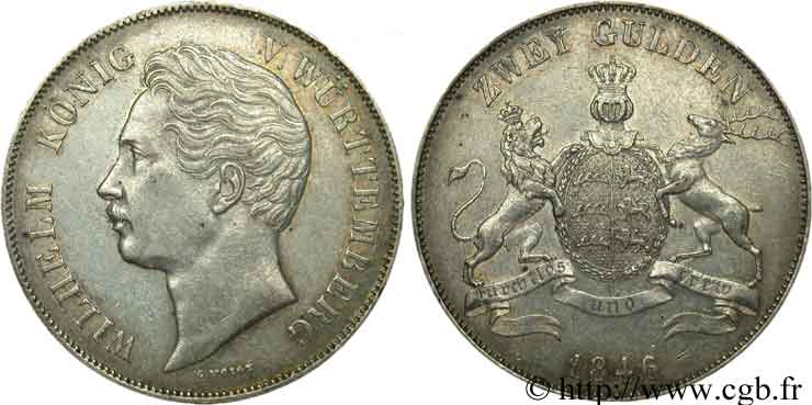 GERMANIA - WÜRTEMBERG 2 Gulden Guillaume / écu soutenu par un lion et un cerf 1846 Stuttgart BB 