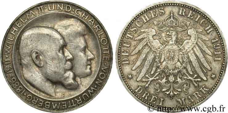 GERMANY - WÜRTTEMBERG 3 Mark Guillaume II et Charlotte / aigle 1911 Stuttgart - F XF 