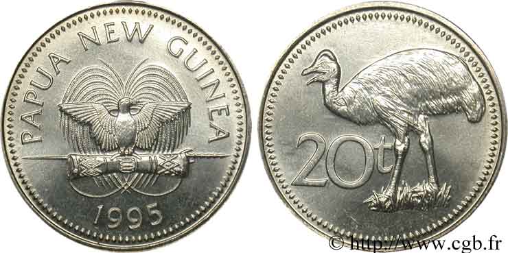 PAPúA-NUEVA GUINEA 20 Toea oiseau de paradis / cassowary de Bennett 1995  SC 