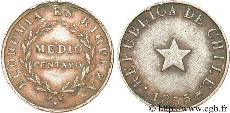 CHILE
 Medio (1/2) centavo, tranche épaisse 1835  BC 
