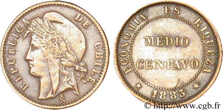CHILE Medio (1/2) centavo 1883 Santiago - S° VF 