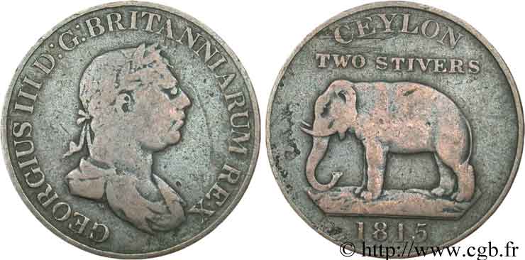 CEYLON 2 Stivers Georges III / éléphant 1815  VF 
