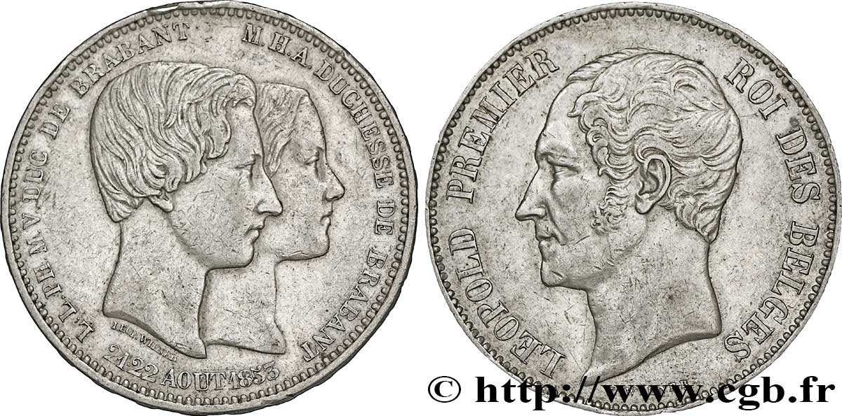 BÉLGICA 5 Francs mariage du Duc et de la Duchesse de Brabant 1853  MBC 