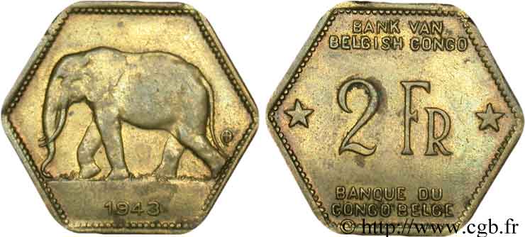 BELGIAN CONGO 2 Francs éléphant 1943  XF 