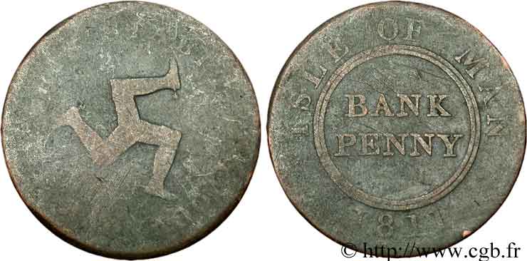 ISLE OF MAN 1 Bank Penny triskèle 1811  VG 
