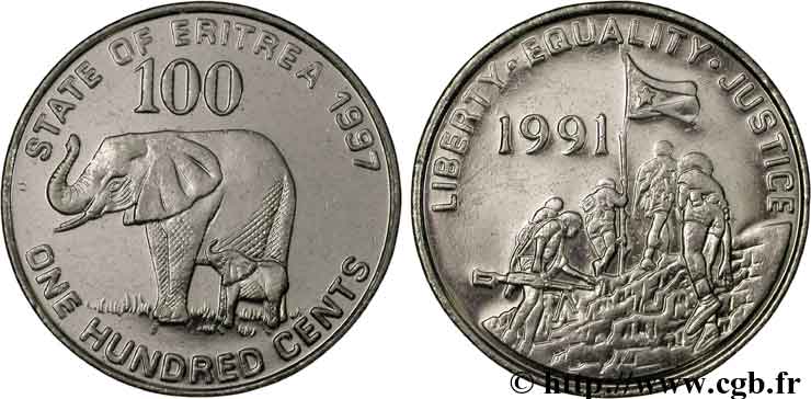 ERITREA 100 Cents éléphant / combattants 1997  fST 