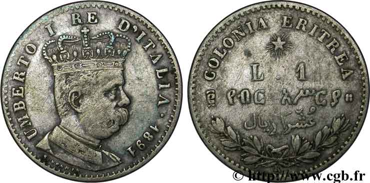 ERITREA 1 Lire Humbert Ier, roi d’Italie, Colonie d’Erythrée 1891 Rome - R BC 