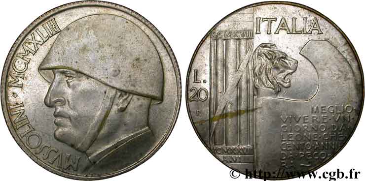 ITALIA 20 Lire Mussolini (monnaie apocryphe) 1943 Rome - R SPL 