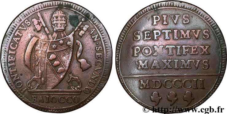 VATICAN AND PAPAL STATES 1 Baiocco armes du vatican frappé au nom de Pie VII 1802 an II Rome VF 