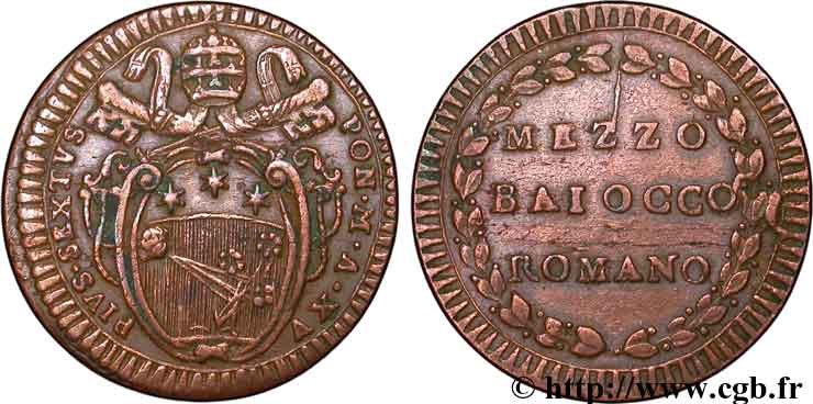 VATICAN AND PAPAL STATES 1 Mezzo Baiocco frappé au nom de Pie VI 1789 an XV Rome VF 