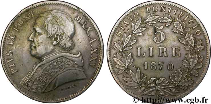 VATICAN AND PAPAL STATES 5 Lire Pie IX 1870 an XXV Rome XF 