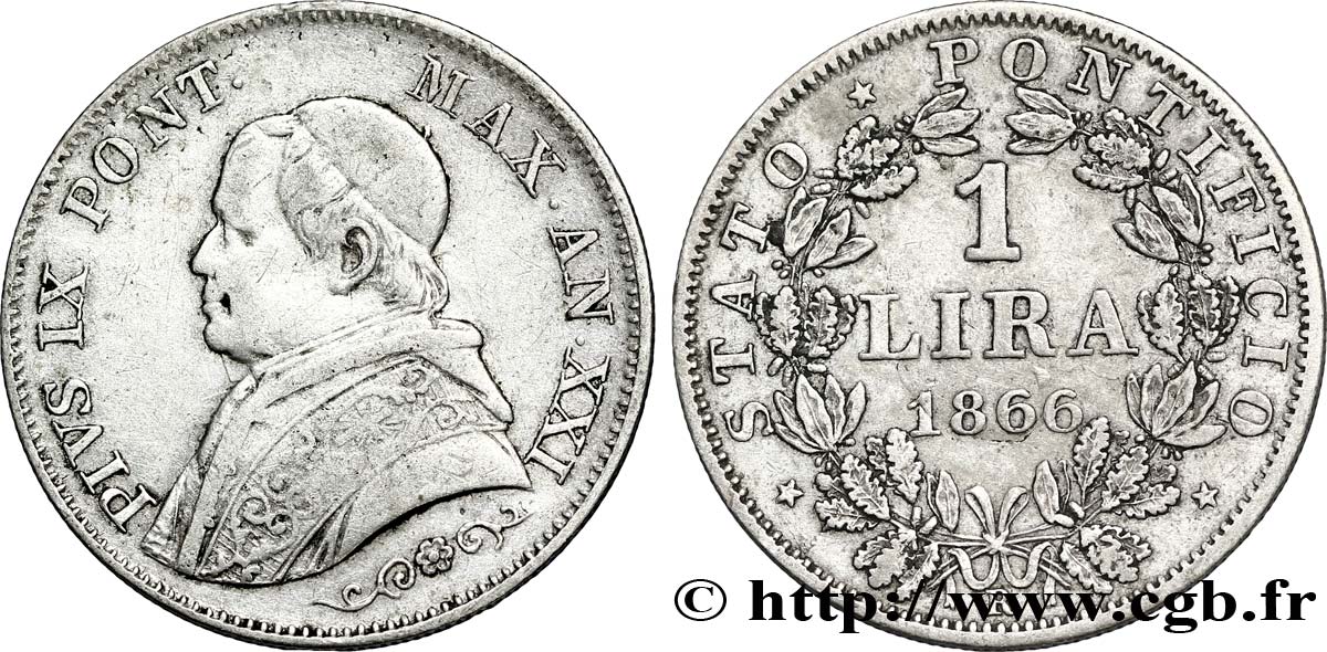 VATICANO E STATO PONTIFICIO 1 Lire Pie IX type petit buste an XXI 1866 Rome q.BB 