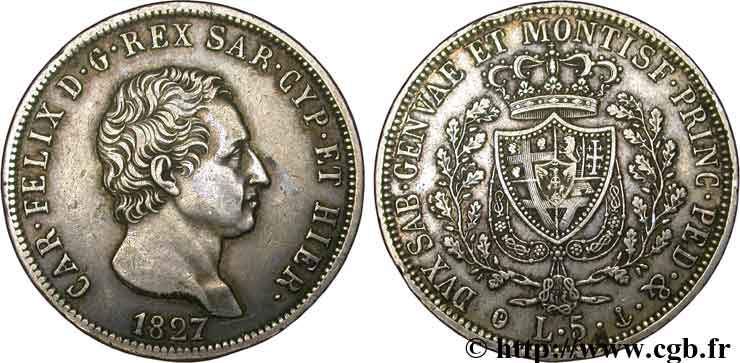 ITALIEN - KÖNIGREICH SARDINIEN 5 Lire Charles Félix, roi de Sardaigne 1827 Gênes SS 