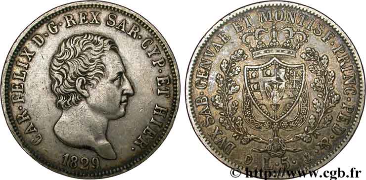 ITALY - KINGDOM OF SARDINIA 5 Lire Charles Félix 1829 Gênes AU 