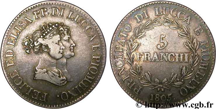 ITALY - LUCCA AND PIOMBINO 5 Lire Elise et Félix Baciocchi, Principauté de Lucques et Piombino 1805 Florence VF 