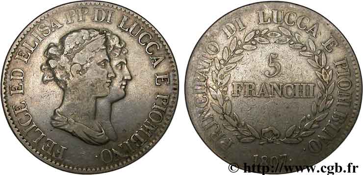 ITALIA - LUCCA E PIOMBINO 5 Franchi Elise et Félix Baciocchi, Principauté de Lucques et Piombino 1807 Florence MB 