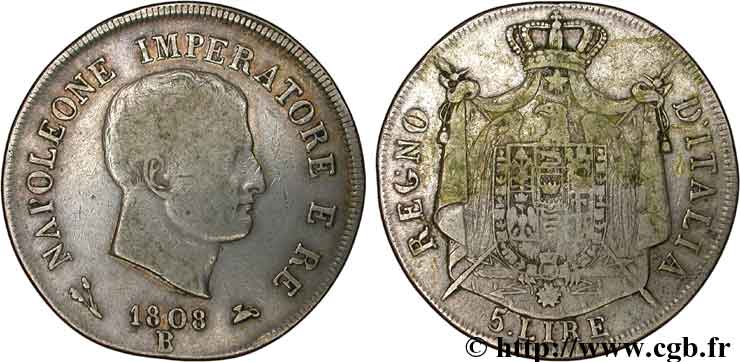 ITALIEN - Königreich Italien - NAPOLÉON I. 5 Lire Napoléon Empereur et Roi d’Italie tranche en relief 1808 Bologne - B S 