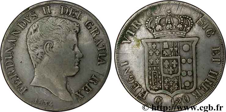 ITALIA - REINO DE LAS DOS SICILIAS 120 Grana Ferdinand II, roi de Naples et Sicile 1834 Naples MBC 