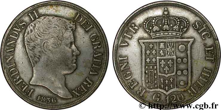 ITALIA - REINO DE LAS DOS SICILIAS 120 Grana Ferdinand II, roi de Naples et Sicile 1836 Naples MBC 