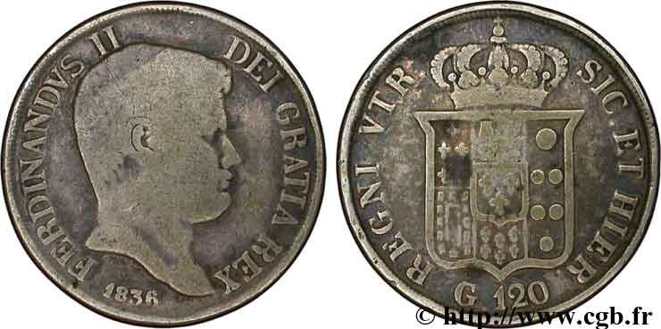 ITALIEN - KÖNIGREICH BEIDER SIZILIEN 120 Grana Ferdinand II, roi de Naples et Sicile 1836 Naples S 