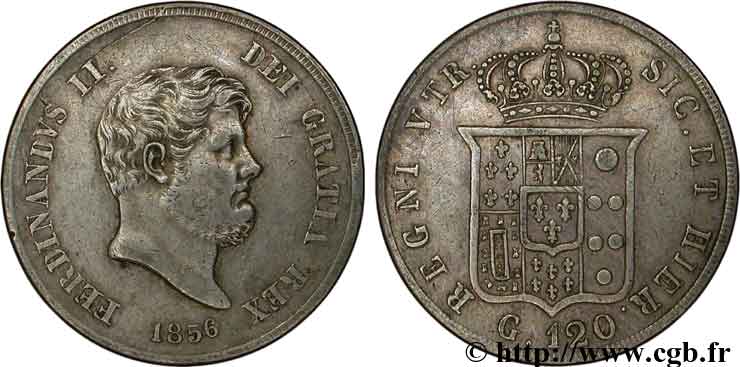 ITALIA - REINO DE LAS DOS SICILIAS 120 Grana Ferdinand II, roi de Naples et Sicile 1856 Naples MBC 
