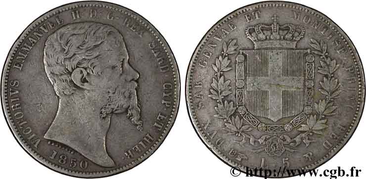 ITALIA - REINO DE CERDEÑA 5 Lire Victor Emmanuel II, roi de Sardaigne 1850 Turin BC 
