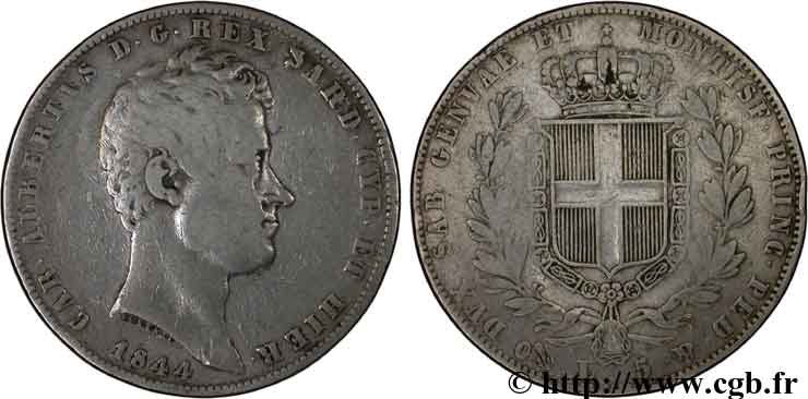 ITALIEN - KÖNIGREICH SARDINIEN 5 Lire Charles Albert, roi de Sardaigne 1844 Gênes S 