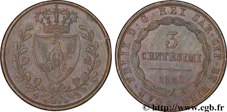 ITALIA - REINO DE CERDEÑA 3 Centesimi Royaume de Sardaigne 1826 Turin - L EBC 