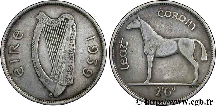 IRELAND REPUBLIC 1/2 Crown harpe / cheval 1939  XF 