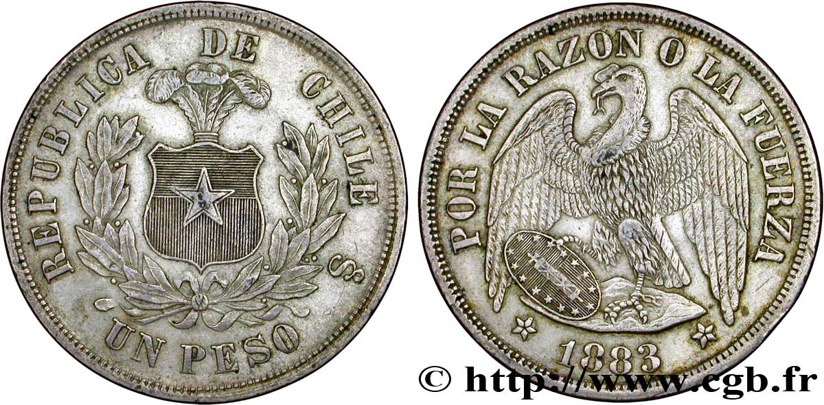 CHILE 1 Peso condor 1883 Santiago - S° XF 